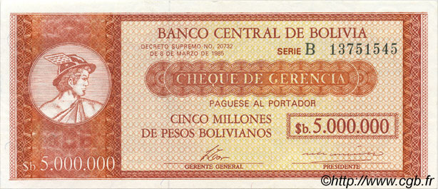 5 Bolivianos sur 5000000 Pesos Bolivianos BOLIVIA  1987 P.200a AU