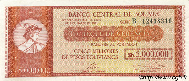 5 Bolivianos sur 5000000 Pesos Bolivianos BOLIVIEN  1987 P.200a fST