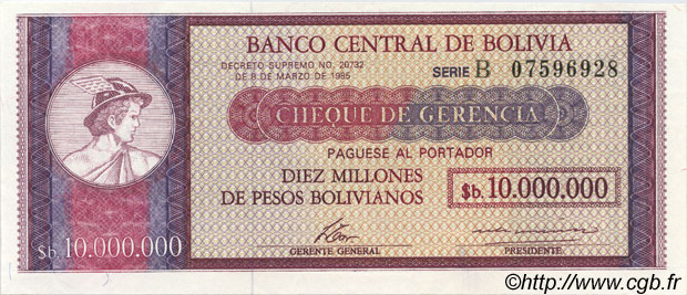 10 Bolivianos sur 10000000 Pesos Bolivianos BOLIVIEN  1987 P.201 ST
