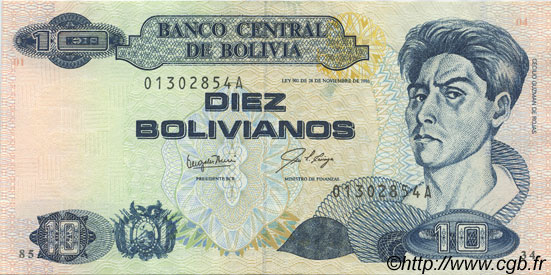 10 Bolivianos BOLIVIA  1987 P.204a XF+