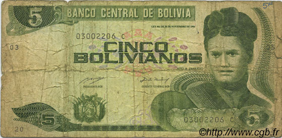 5 Bolivianos BOLIVIA  1993 P.209 G