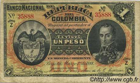 1 Peso KOLUMBIEN  1888 P.214 SS