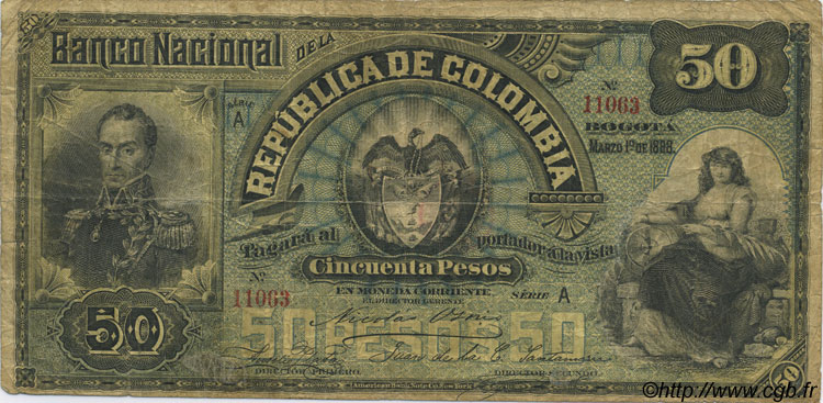 50 Pesos COLOMBIA  1888 P.217 F-