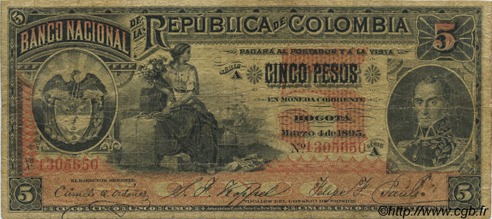 5 Pesos COLOMBIA  1895 P.235 G