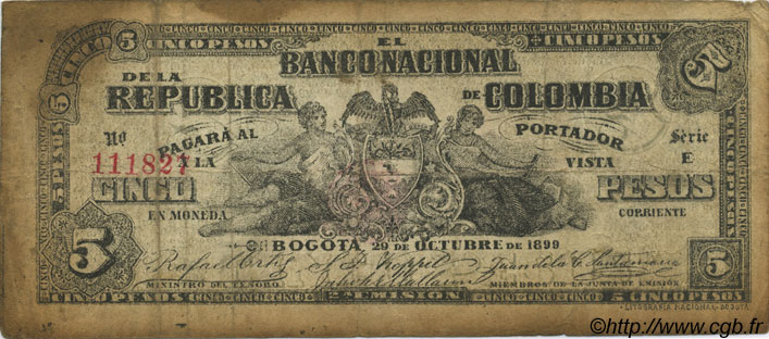 5 Pesos KOLUMBIEN  1899 P.254 fS