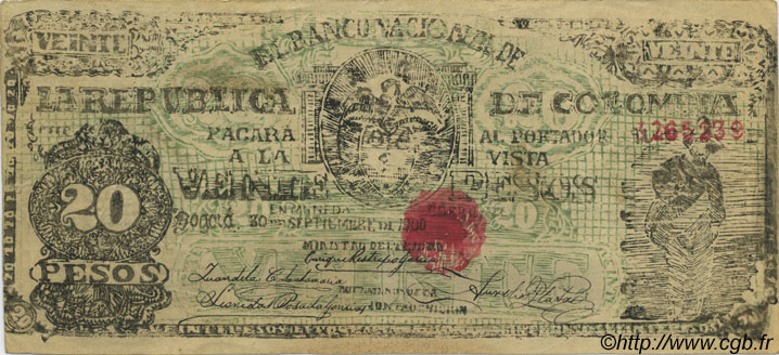 20 Pesos COLOMBIA  1900 P.276b VF