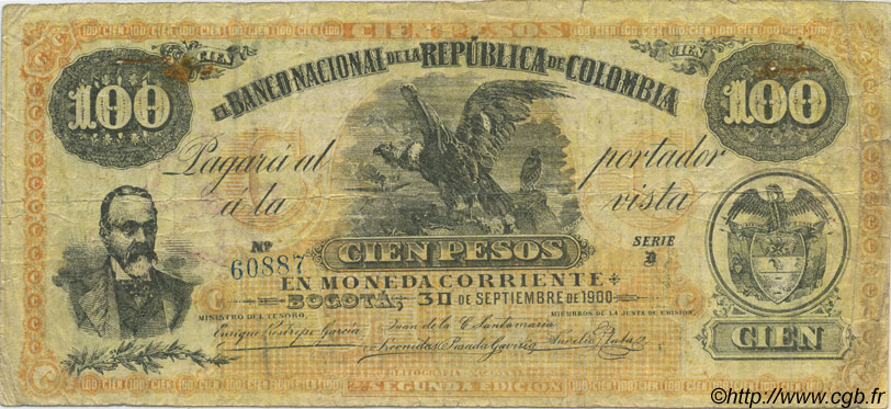 100 Pesos COLOMBIA  1900 P.281 q.MB