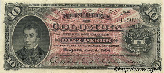 10 Pesos KOLUMBIEN  1904 P.312 ST