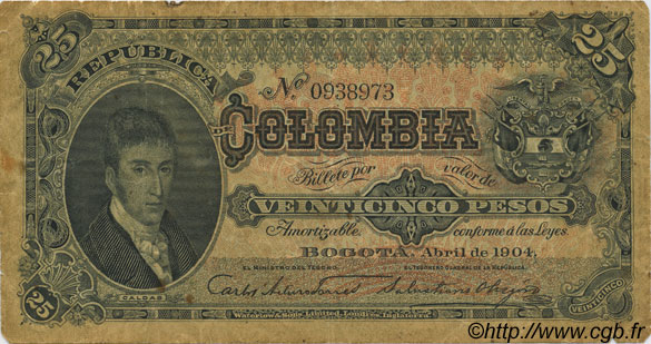 25 Pesos COLOMBIA  1904 P.313 RC+