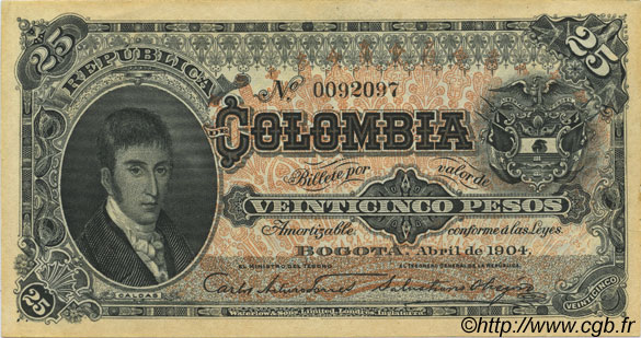 25 Pesos COLOMBIA  1904 P.313 XF+