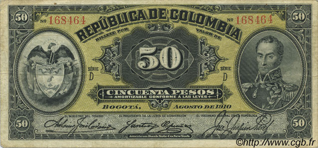 50 Pesos COLOMBIA  1910 P.317 VF