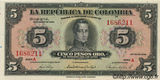 5 Pesos COLOMBIA  1938 P.341 SC+