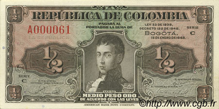 1/2 Peso Oro Petit numéro KOLUMBIEN  1948 P.345a fST+