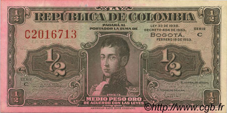 1/2 Peso Oro COLOMBIA  1953 P.345b MBC