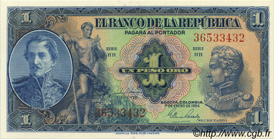 1 Peso Oro COLOMBIA  1954 P.380g FDC