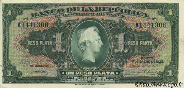 1 Peso Plata KOLUMBIEN  1932 P.382 fST