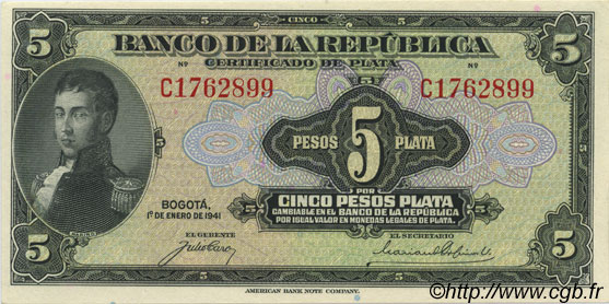 5 Pesos Plata COLOMBIA  1941 P.388 UNC