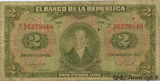 2 Pesos Oro COLOMBIA  1947 P.390b G