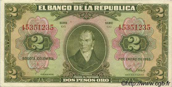 2 Pesos Oro COLOMBIA  1955 P.390d XF