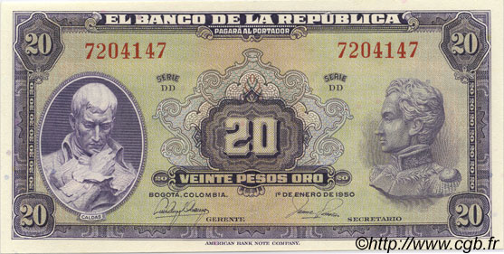 20 Pesos Oro KOLUMBIEN  1950 P.392d ST