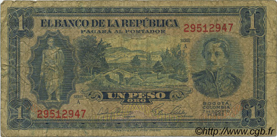 1 Peso Oro COLOMBIA  1953 P.398 RC