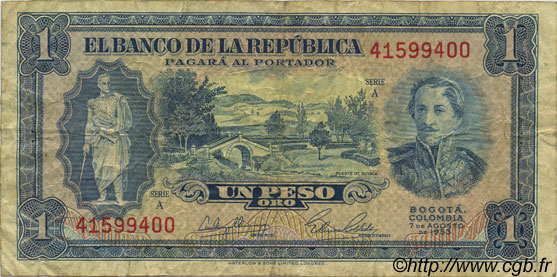 1 Peso Oro COLOMBIA  1953 P.398 F