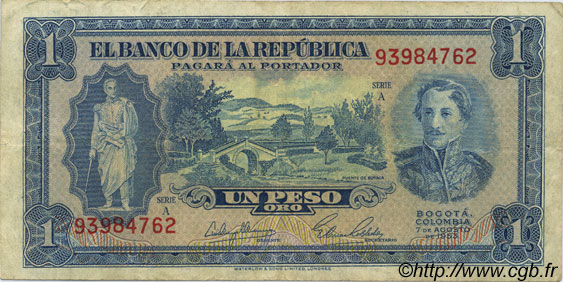 1 Peso Oro COLOMBIA  1953 P.398 BB