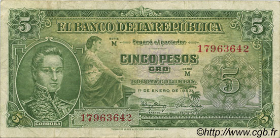 5 Pesos Oro COLOMBIA  1953 P.399a BB