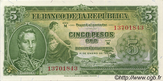 5 Pesos Oro KOLUMBIEN  1953 P.399a ST