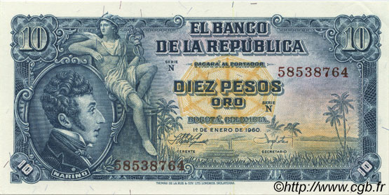 10 Pesos Oro KOLUMBIEN  1960 P.400b fST+