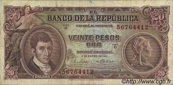20 Pesos Oro COLOMBIE  1961 P.401c TB+