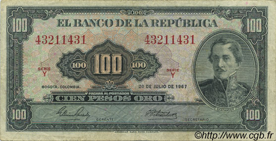100 Pesos Oro COLOMBIA  1967 P.403c BC+
