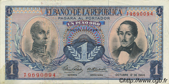 1 Peso Oro COLOMBIA  1964 P.404b XF