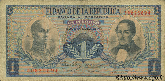 1 Peso Oro COLOMBIA  1966 P.404c RC+