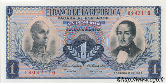 1 Peso Oro COLOMBIA  1968 P.404d FDC