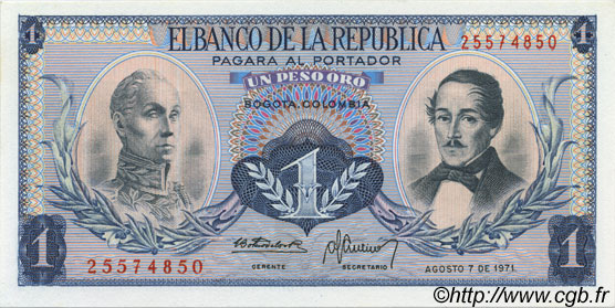 1 Peso Oro COLOMBIA  1971 P.404e FDC