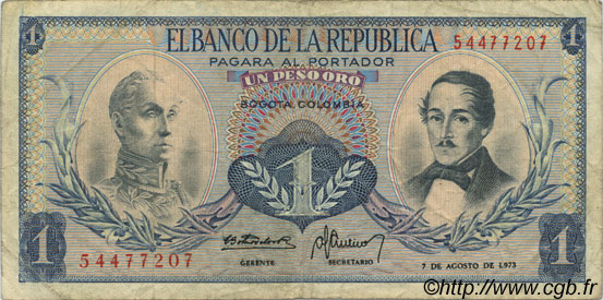 1 Peso Oro COLOMBIA  1973 P.404e BC