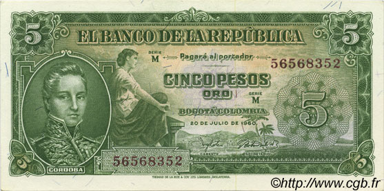 5 Pesos Oro COLOMBIA  1960 P.405 UNC