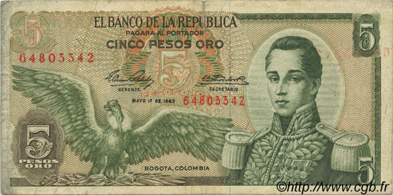 5 Pesos Oro COLOMBIA  1963 P.406a BC