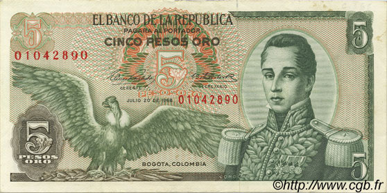 5 Pesos Oro COLOMBIA  1968 P.406b XF