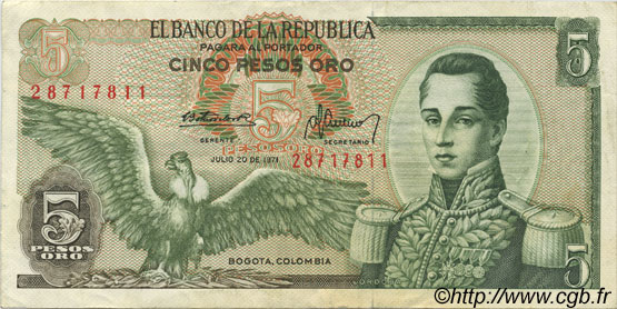 5 Pesos Oro COLOMBIA  1971 P.406c q.SPL