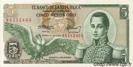 5 Pesos Oro KOLUMBIEN  1973 P.406e fST+