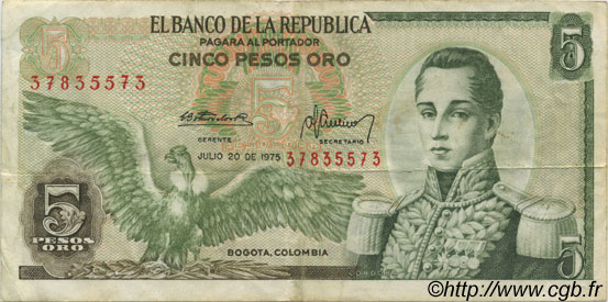 5 Pesos Oro COLOMBIA  1975 P.406e BB