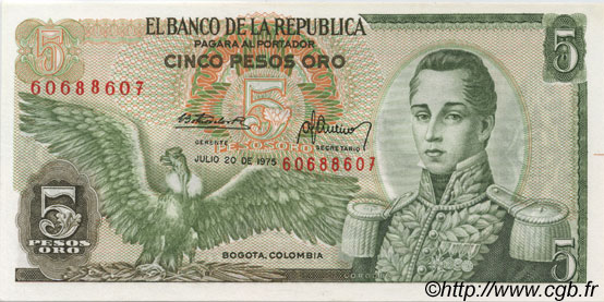 5 Pesos Oro KOLUMBIEN  1975 P.406e ST