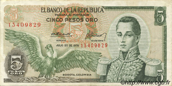 5 Pesos Oro COLOMBIA  1976 P.406e MBC