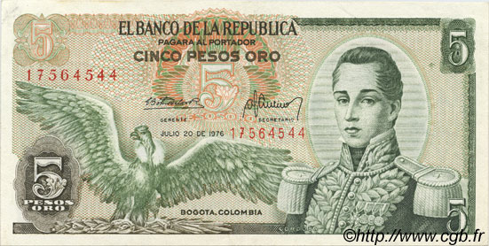 5 Pesos Oro COLOMBIA  1976 P.406e XF