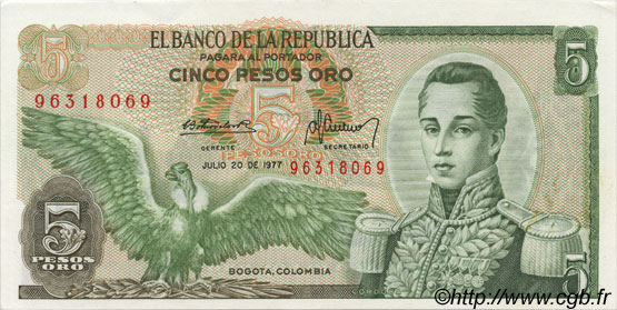 5 Pesos Oro COLOMBIA  1977 P.406e EBC