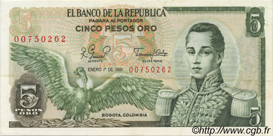 5 Pesos Oro COLOMBIA  1981 P.406f XF+
