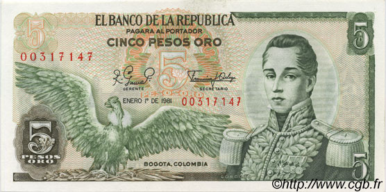 5 Pesos Oro COLOMBIA  1981 P.406f UNC