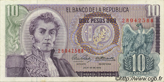 10 Pesos Oro KOLUMBIEN  1964 P.407b SS